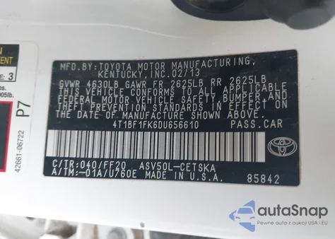 2013 Toyota Camry Se z USA, uszkodzony, nr VIN 4T1BF1FK6DU656610